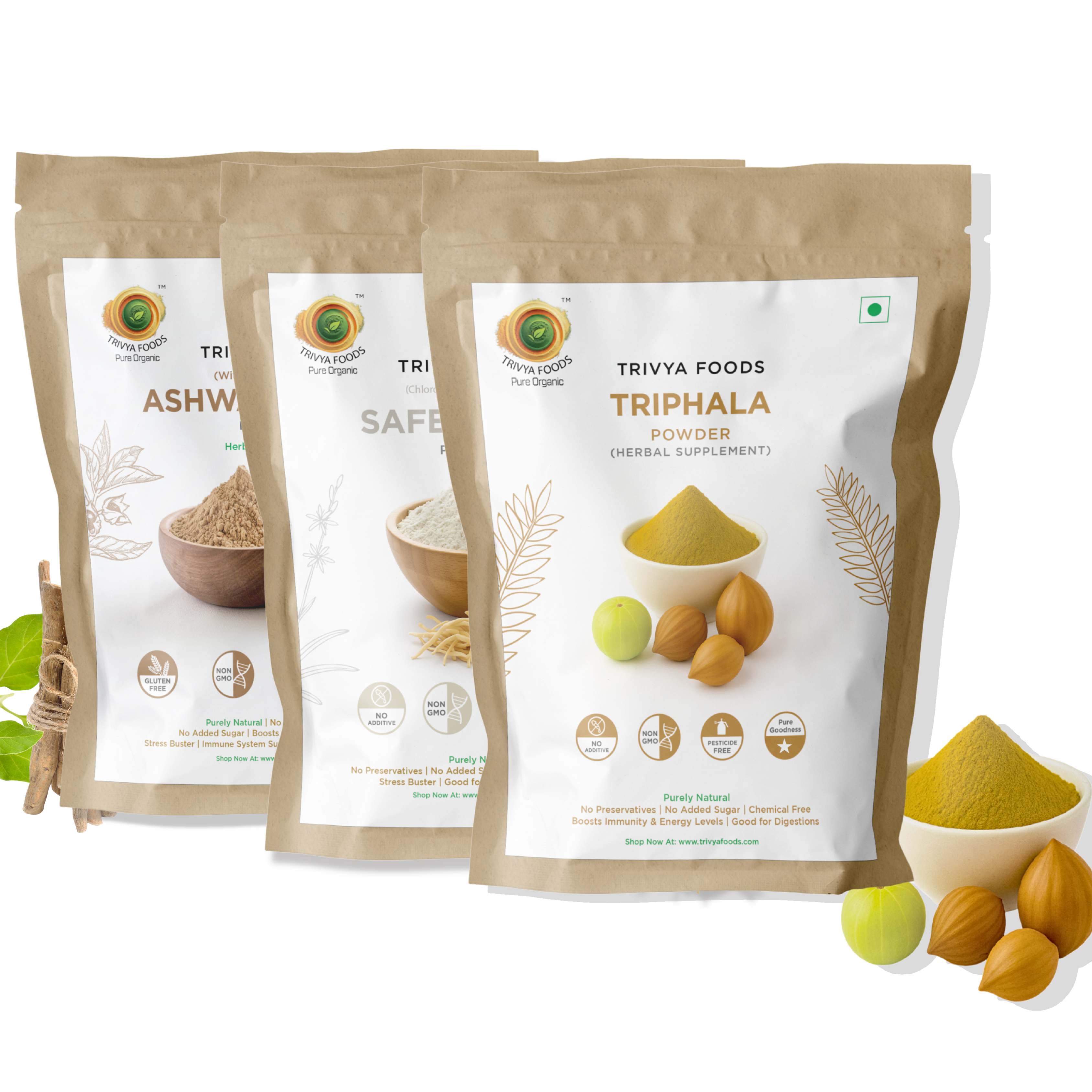 Ashwagandha, Triphala & Safed Musli Powder Combo | Herbal Wellness, Energy & Digestion Support