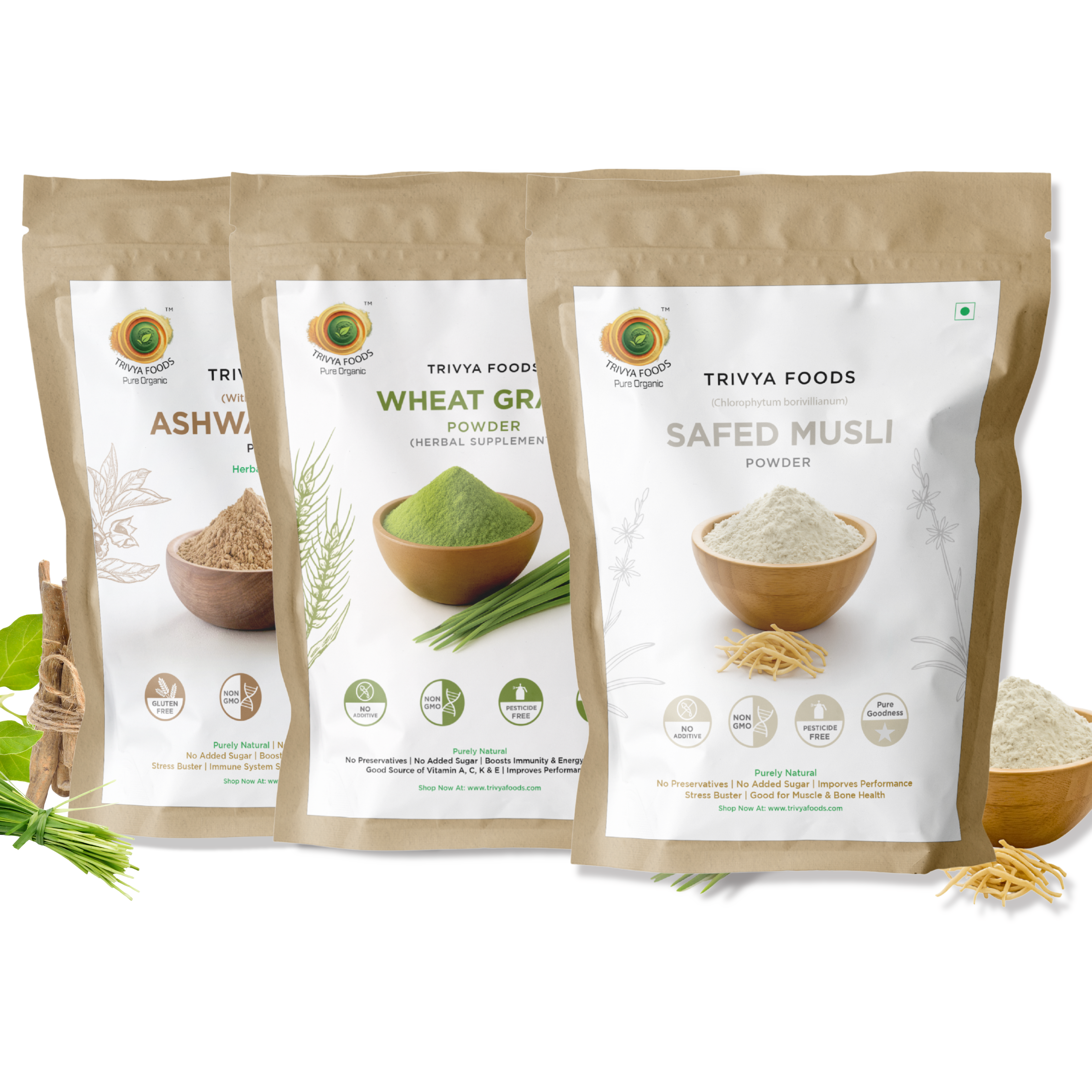 Ashwagandha, Wheat Grass & Safed Musli Powder Combo | Herbal Wellness & Energy Superfood Pack