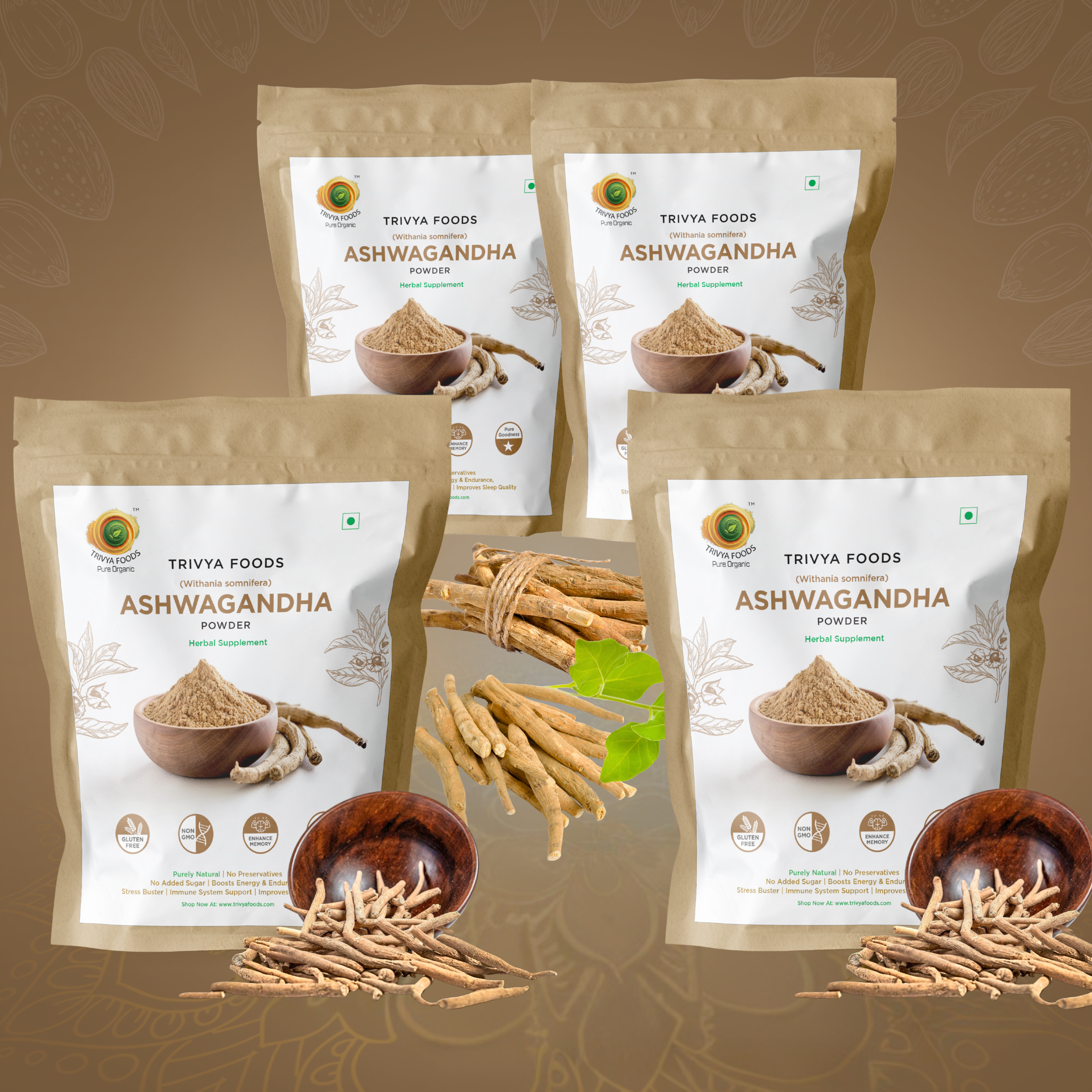 Ashwagandha Root Powder Pack of 4 | Natural Stress Relief, Immunity & Energy Booster | Herbal Adaptogen Superfood