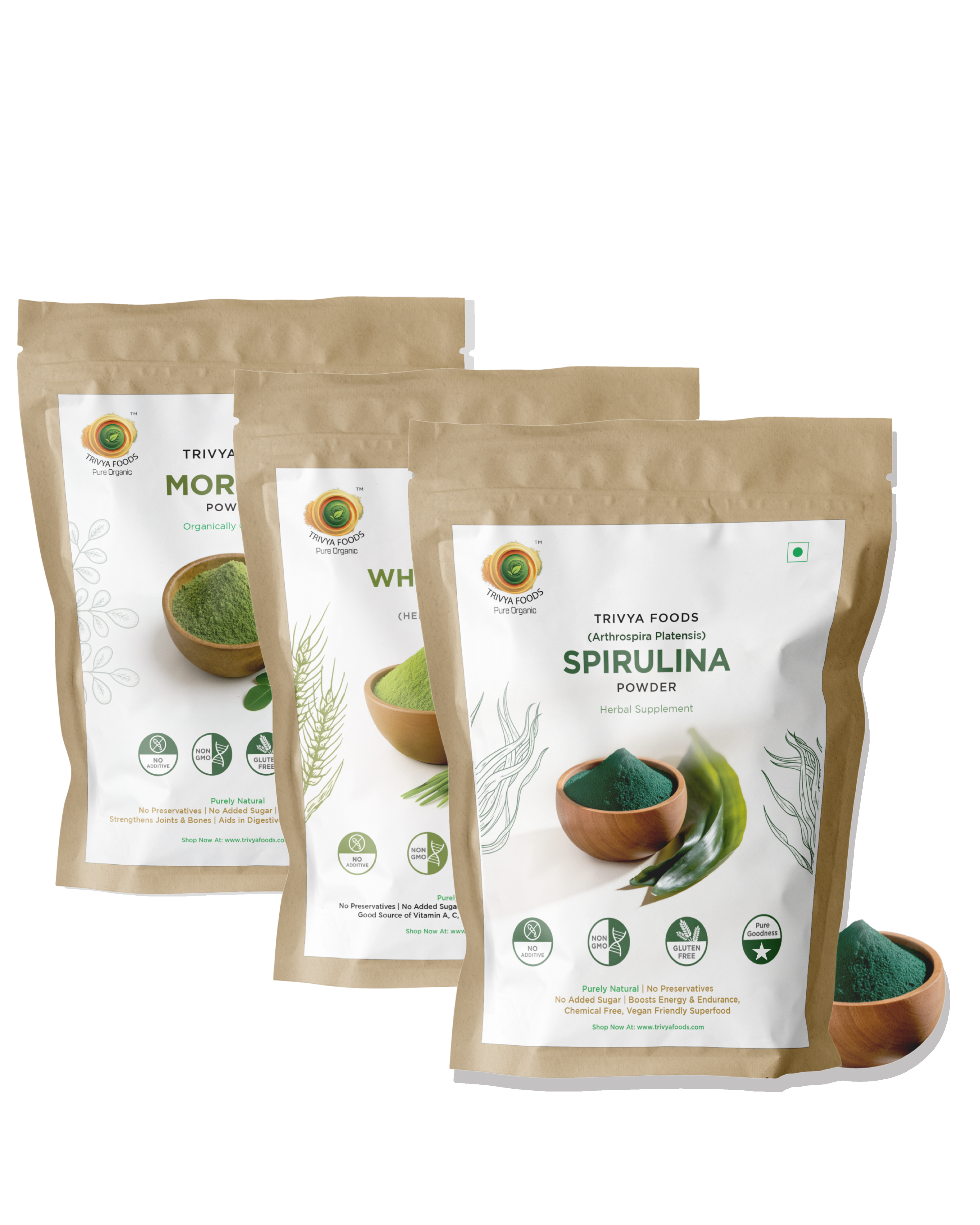Organic spirulina wheatgrass moringa powder combo pack 300g